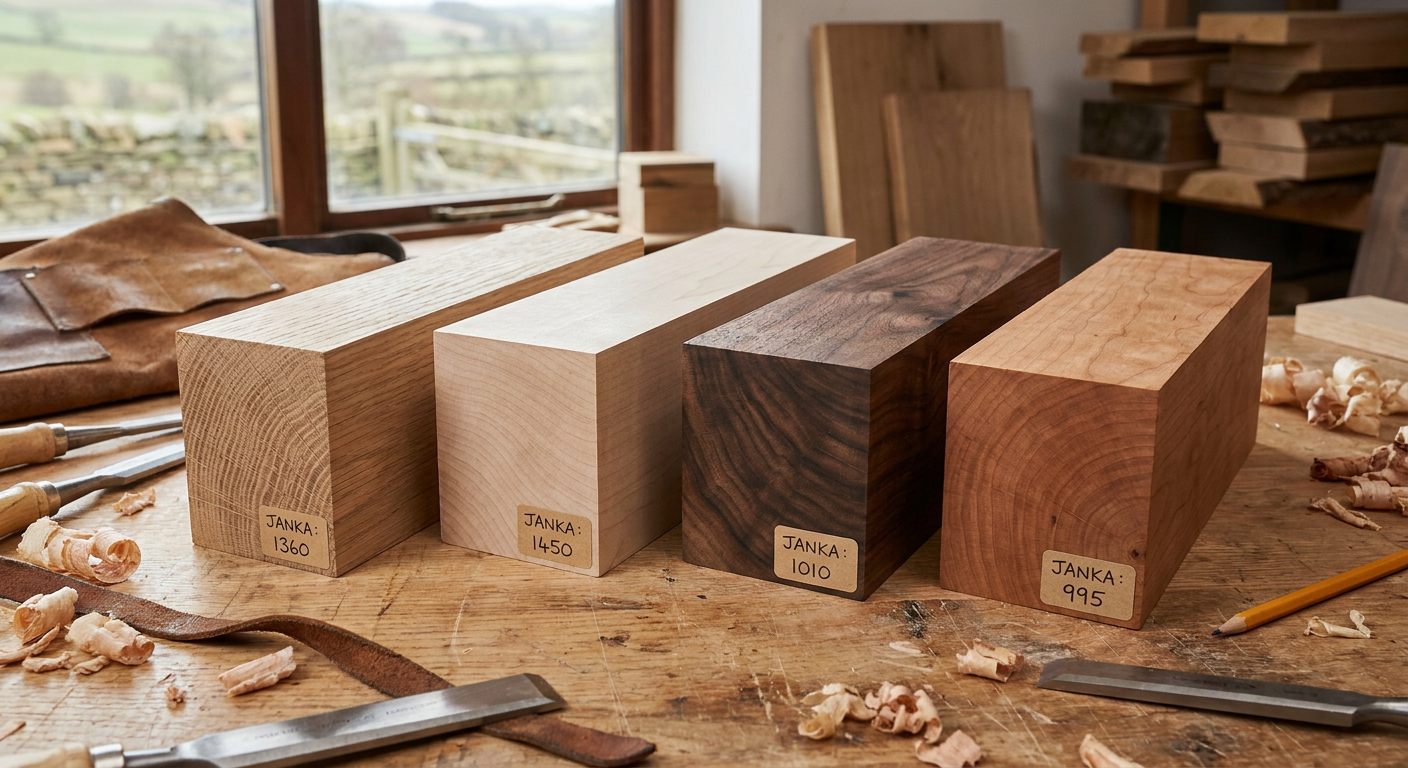Four hardwood samples for kitchen cabinets: oak, maple, walnut, and cherry, displayed side by side for comparison.