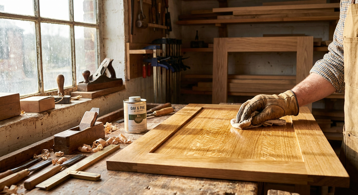 A craftsman hand-finishing a European oak cabinet door in a workshop, highlighting the natural oak grain.